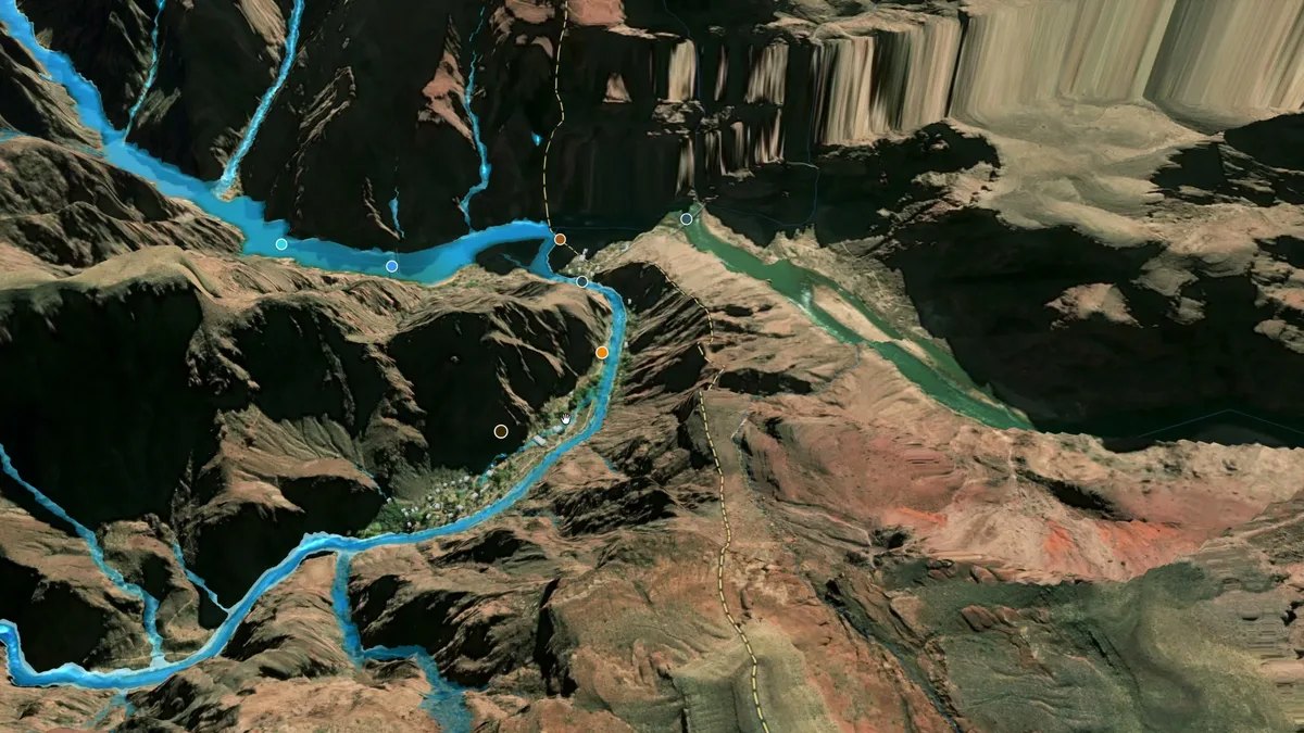 Oblique 3D view of Bright Angel Creek at Phantom Ranch, Grand Canyon, with modelled flood depth in blue